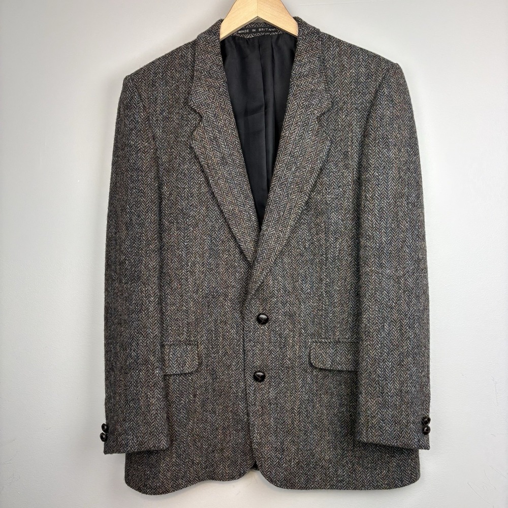 Vtg Harris Tweed Blazer 40R Gray Herringbone 100% Wool Handwoven Scotland Jacket